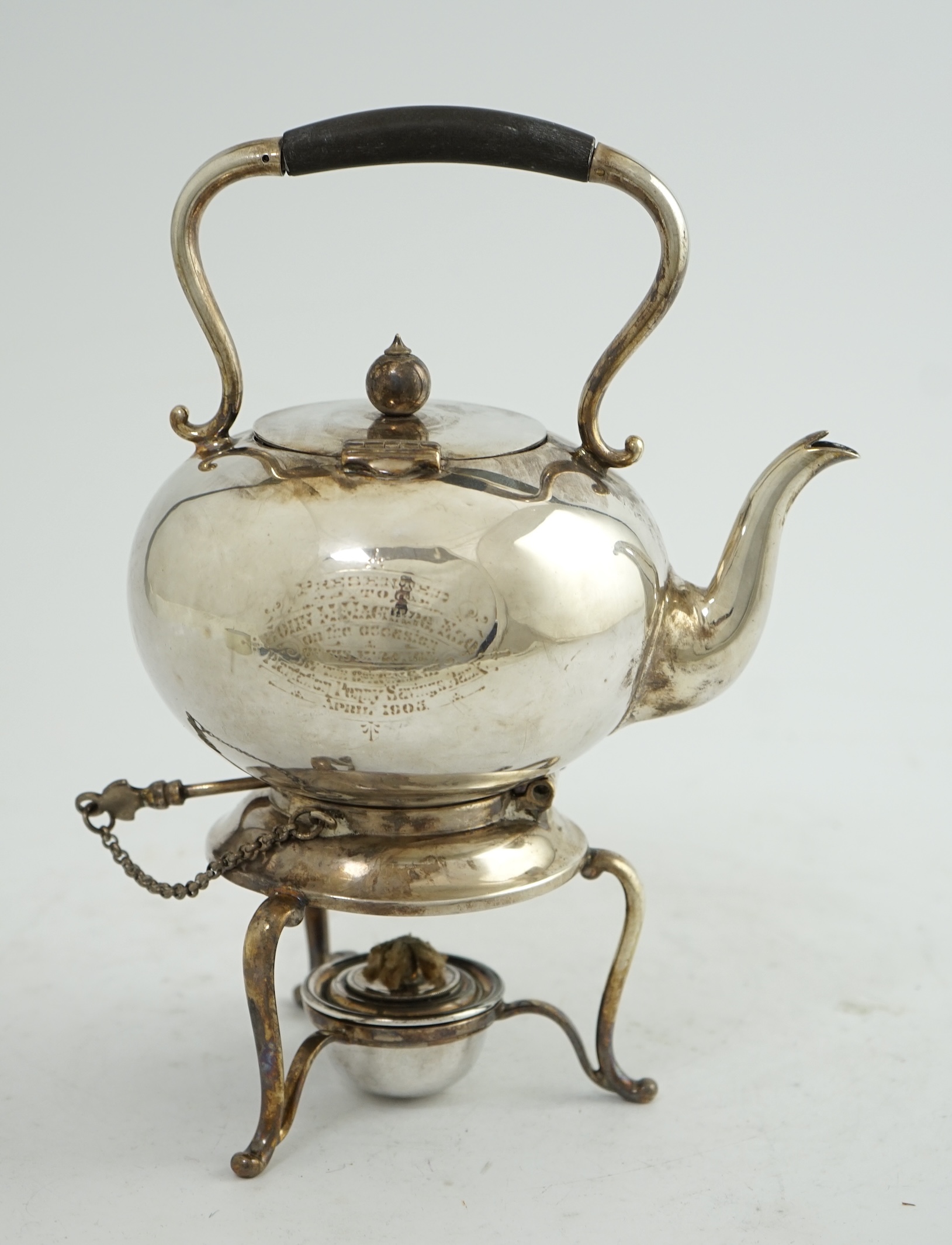 A late Victorian silver bachelor's tea kettle on stand with burner, by Martin, Hall & Co